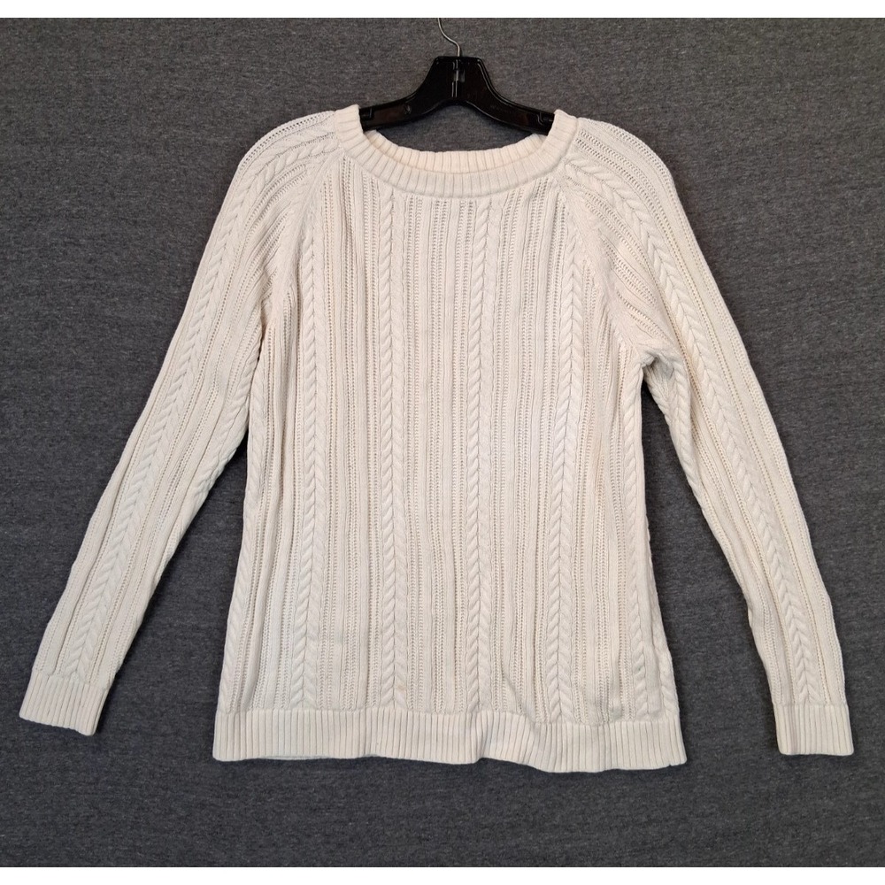 Lands End Womens Sweater M Tall White Cable Knit Fisherman Coastal Cabin Preppy